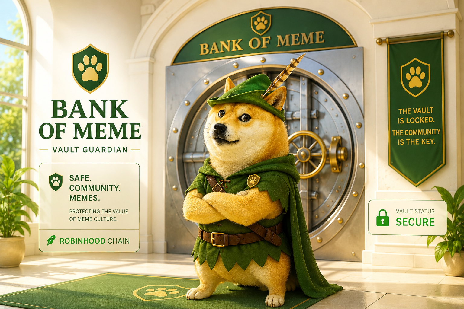 Manager Doge guarding the Bank of Meme vault