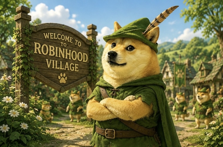 Manager Doge welcoming visitors to Robinhood Village